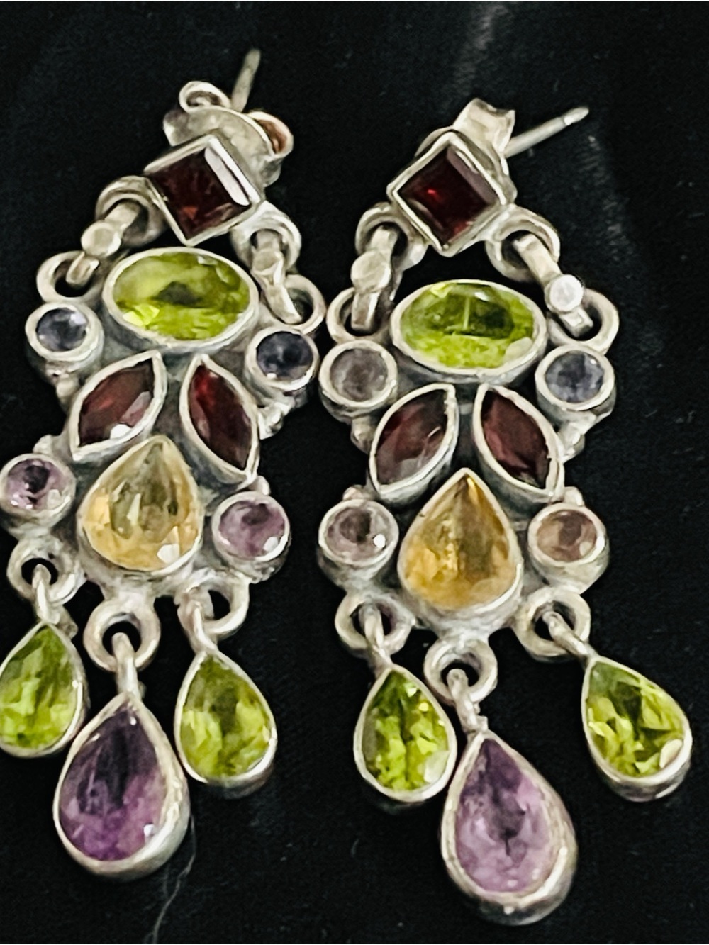 Vintage Sterling Silver Multi-Gemstone Chandelier Pierced Post.